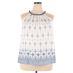 New Skies Are Blue XXL Medallion Printed High Neck Halter Tank Top White Blue